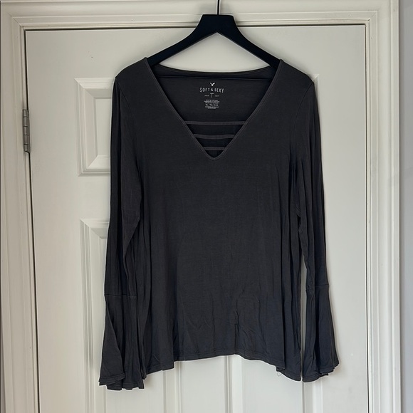 American Eagle Outfitters Tops - American Eagle Outfitters Women's Dark Grey V-Neck Blouse